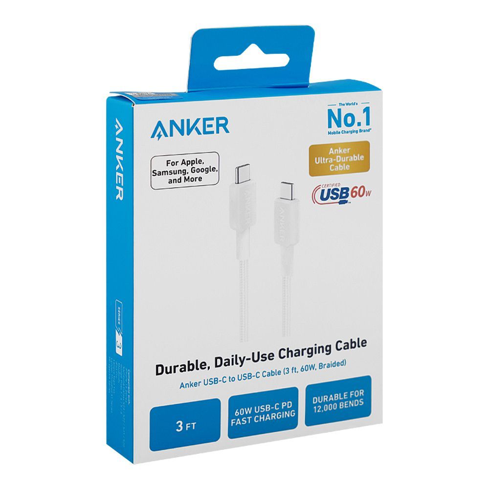 Anker 322 Usb-C to Usb-C Cable (3FT, 60W, Braided) White