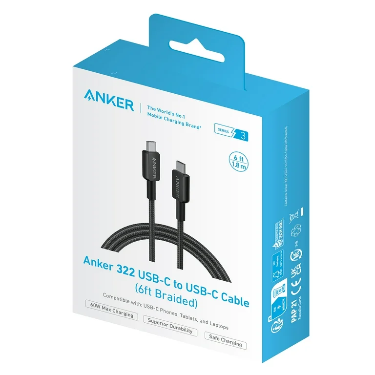 Anker 322 Usb-C to Usb-C Cable (3FT, 60W, Braided) Black