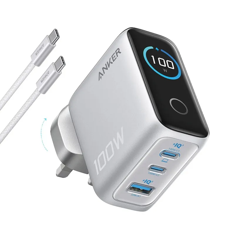Anker Charger (100W, 3PORTS, Smartdisplay) Silver
