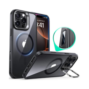 ESR Classic Hybrid Case with Stash Stand (HaloLock) [iPhone 16 Pro Compatible, Clear Black]